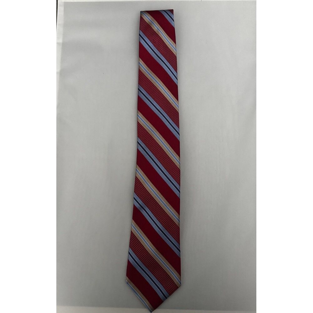 CREMIEUX MENS TIE‎ RED WITH TAN, NAVY AND LIGHT BLUE STRIPES